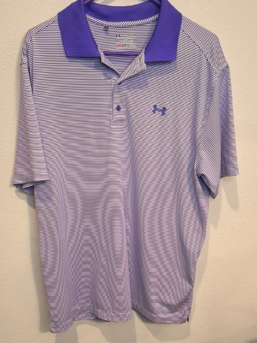 Under Armour Purple Micro-Stripe Golf Polo with Solid Collar Heat Gear Loose XL